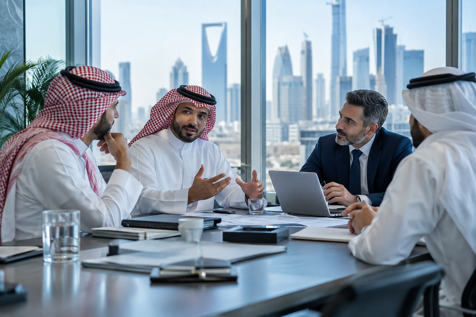مشهد توضيحي لجلسة نقاش أعمال في مكتب سعودي حديث